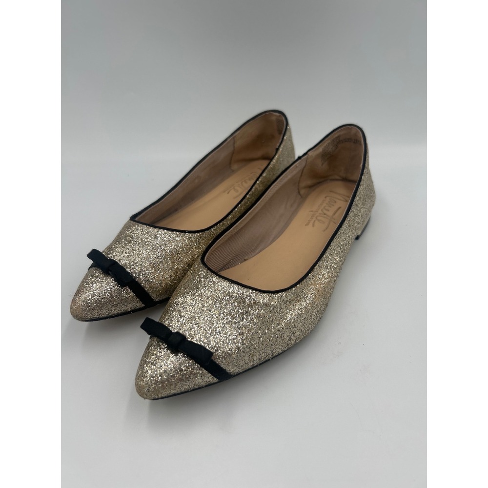 Nanette Lepore Womens Gold Glitter Pointed Toe Ballet Flats Black Bow Size 7.5